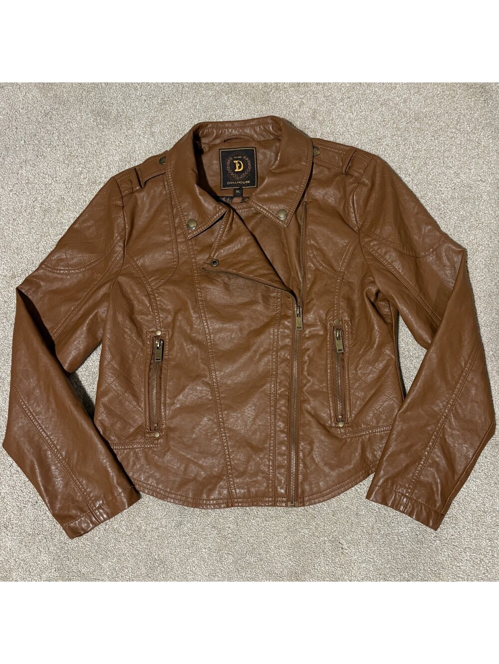 Vtg Y2K Dollhouse Womens XL Brown Faux Leather Moto Jacket Leopard Lined Biker
